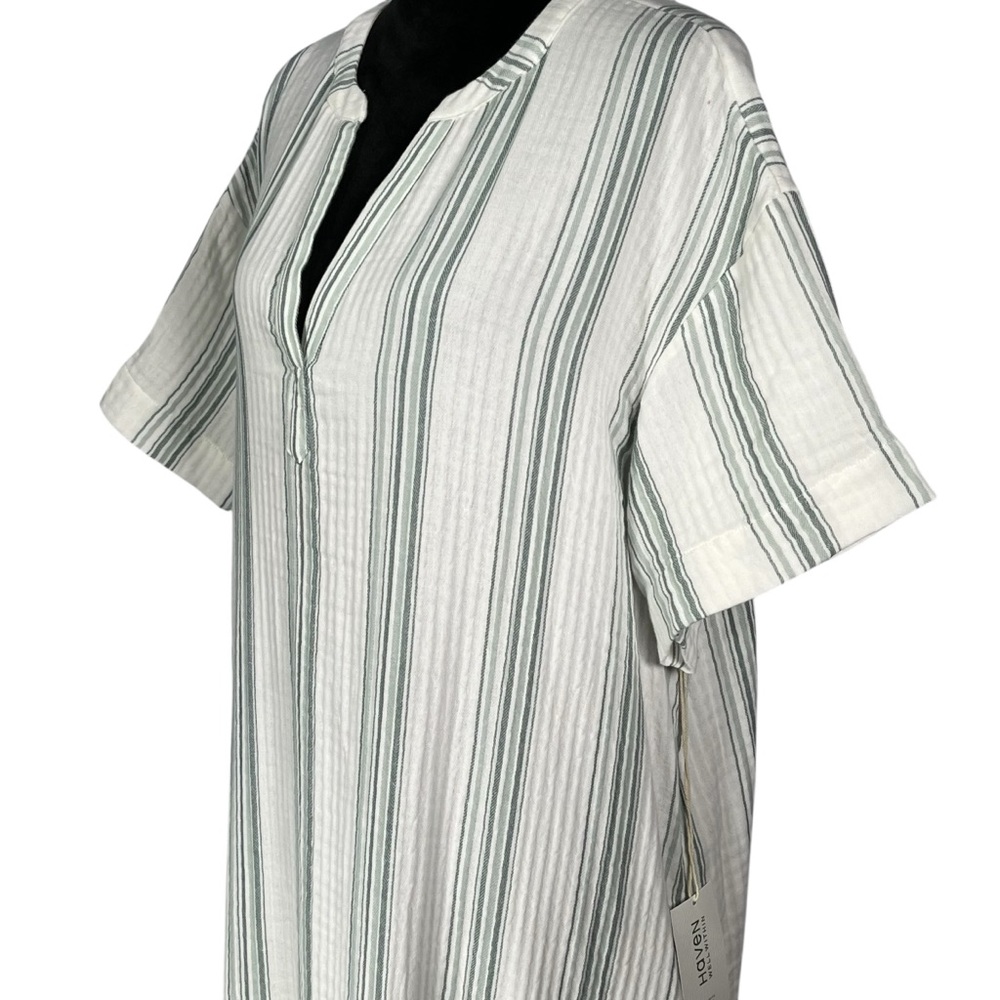 Haven White Gray Maxi Dress Muumuu Short Sleeve Cotton Gauze Striped Loungewear - Picture 6 of 16